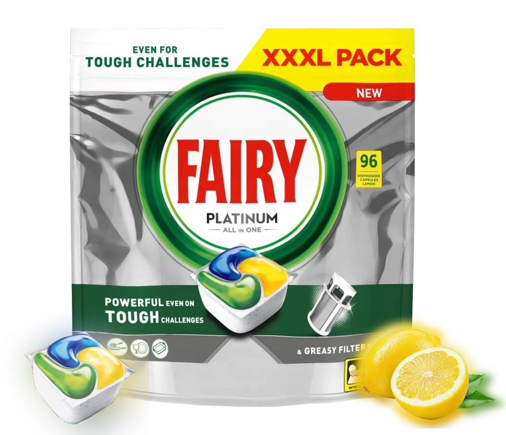 Fairy Platinum All-in-One Lemon 96 kapsułek – skuteczne czyszczenie naczyń