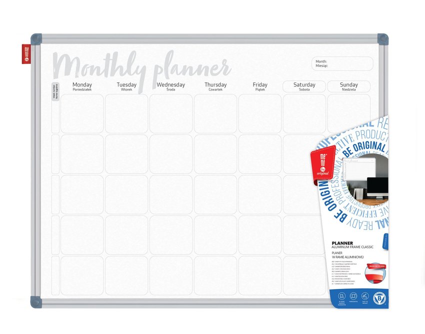 Tablica Planer Memobe, Miesięczny, Nadruk W Kolorze Czarnym, Rama Aluminiowa Classic, Model 6, 120X90 Cm