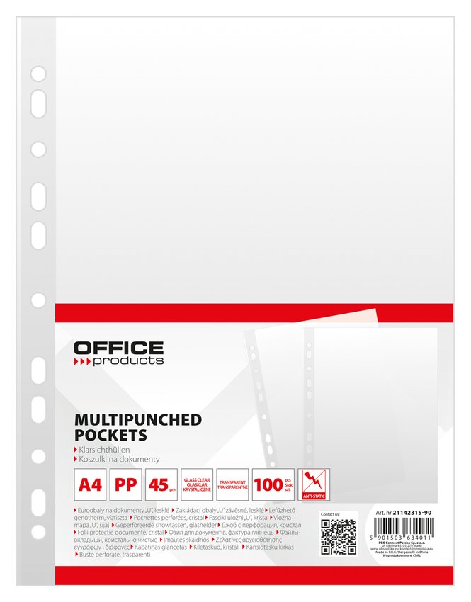 Koszulki na dokumenty OFFICE PRODUCTS PP A4 krystal 45mikr., 100szt.