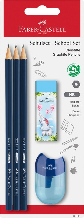 Zestaw Szkolny Ołówek 1111 3 Sztuki + Temperówka + Gumka Blister Faber-Castell