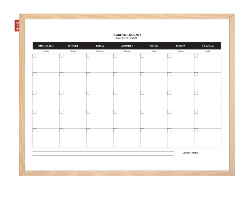 Tablica Planer Memobe, Miesięczny, Nadruk W Kolorze Czarnym, Rama Drewniana, 60X40 Cm