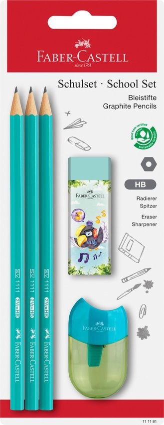 Zestaw Szkolny Ołówek 1111 3 Sztuki + Temperówka + Gumka Blister Faber-Castell