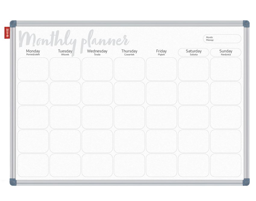 Tablica Planer Memobe, Miesięczny, Nadruk W Kolorze Czarnym, Rama Aluminiowa Classic, Model 5, 90X60 Cm