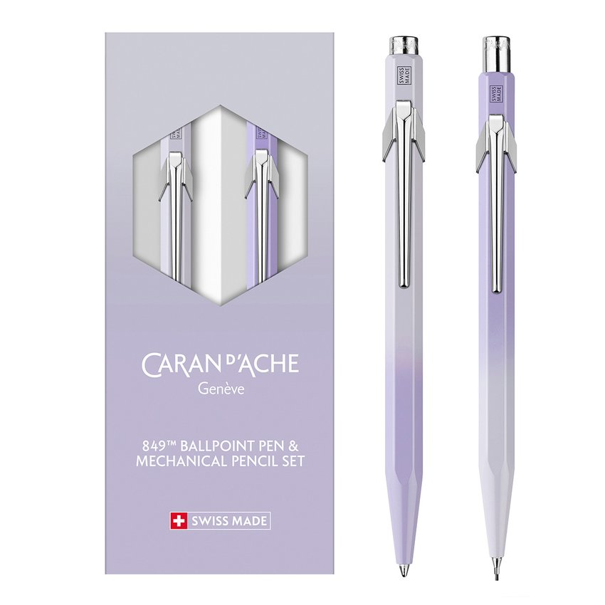 Zestaw długopis 849 + ołówek 844 Caran d’Ache Blooming Lavender w etui liliowo-szary