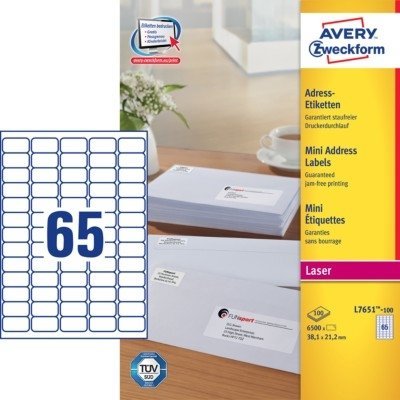 Samoprzylepne etykiety adresowe Avery 38.1x21.2 65/A4 A'100 białe No.L7651-100