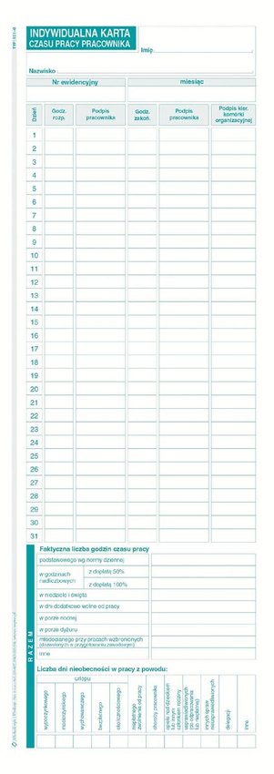 Indywidualna Karta Czasu Pracy Pracownika 1/2 A4 Offset 531-0 /MiP