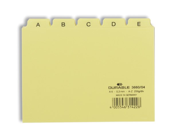 Przekładki do Kartotek A-Z 5/5 PCW 0,3mm Indeksy 25mm Poziome A6 25szt. Żółte /Durable 366004