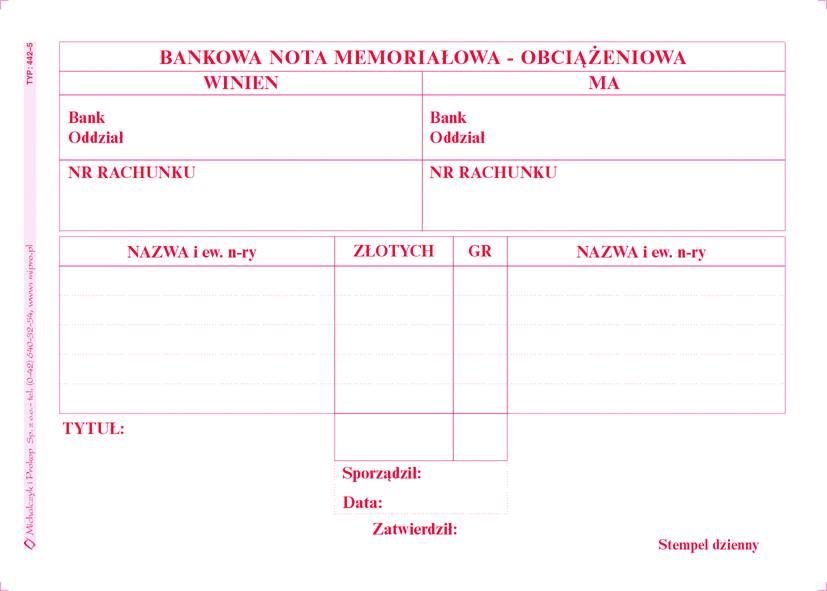 Bankowa Nota Memoriałowa-Obciążeniowa A6 Wielok. 442-5 /MiP