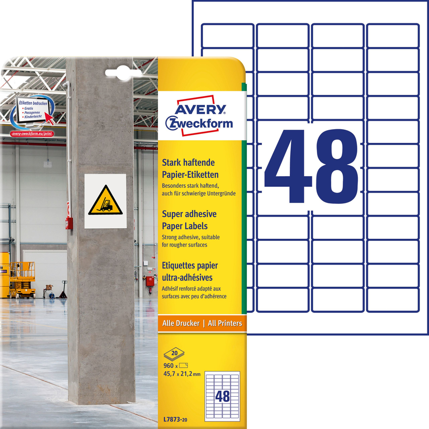 Etykiety Papierowe Avery 45,7x21,2 20/A4 A'48 Białe No.L7873-20