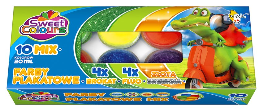 Farby Plakatowe 10 kol. 20ml 4xBrokat xFluo Złota/Srebrna Sweet Colours / Otocki