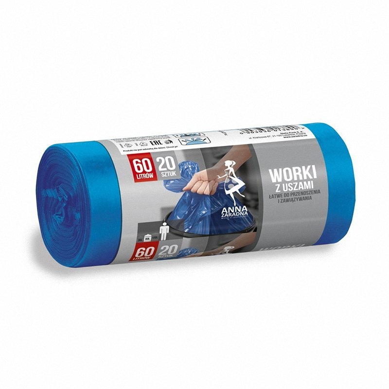 Worki Na Śmieci LDPE 60L A'20 Niebieskie z Uszami /Anna Zaradna
