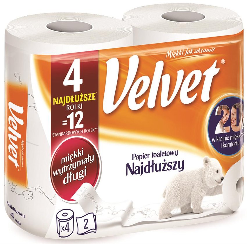 Papier Toaletowy Celulozowy Velvet Najdłuższy 2-Warstwowy 486 Listków 4Szt. Biały