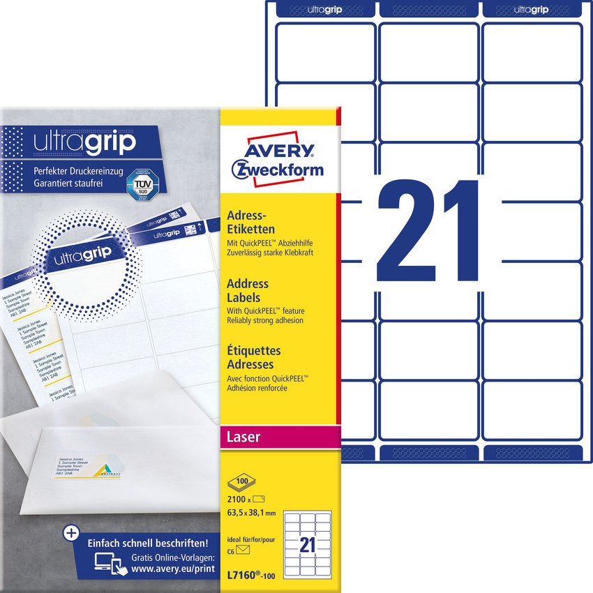 Samoprzylepne etykiety adresowe Avery 63.5x38.1 21/A4 A'100 białe No.L7160-100
