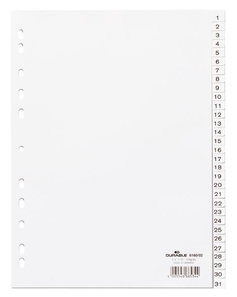 Przekładki do Segregatorów 1-31 Strona Tytułowa PP A4 Białe /Durable 616002