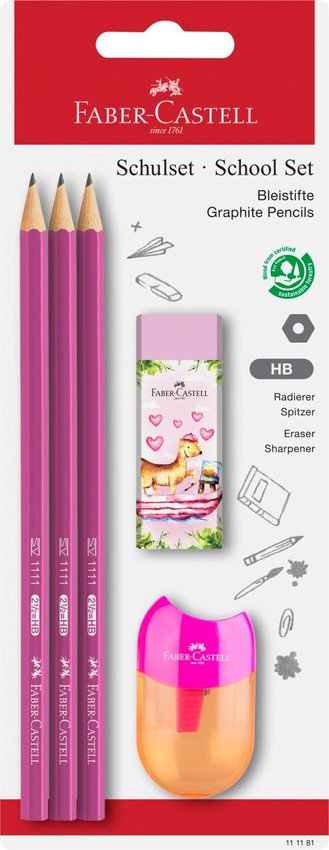 Zestaw Szkolny Ołówek 1111 3 Sztuki + Temperówka + Gumka Blister Faber-Castell
