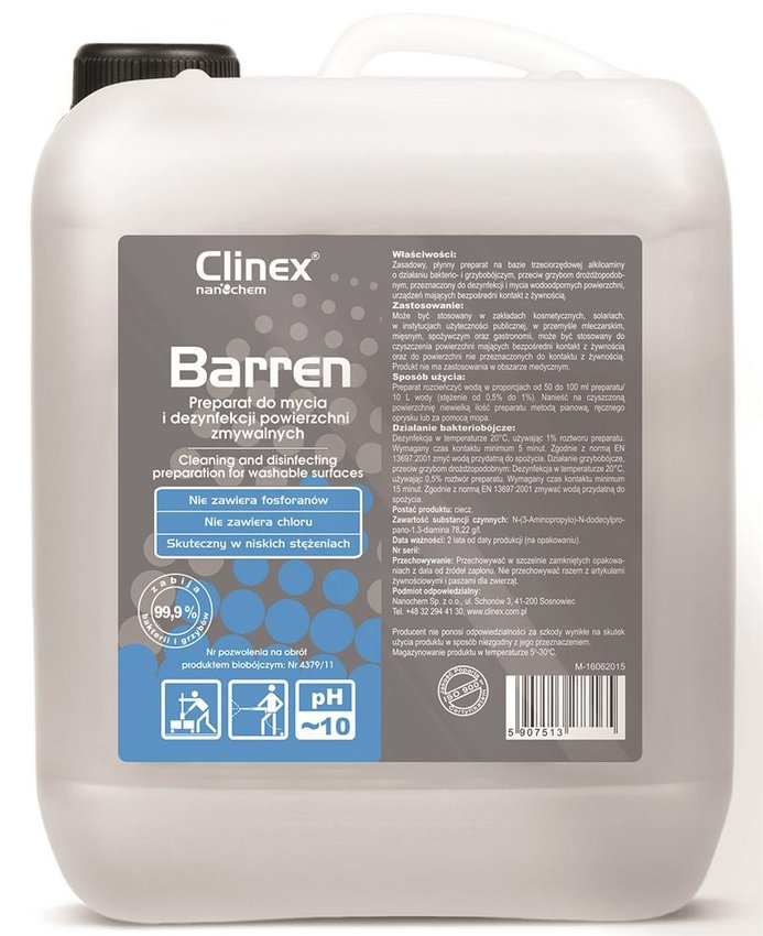 Preparat Do Mycia I Dezynfekcji Clinex Barren 70-637 10L Do Powierzchni Zmywalnych