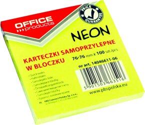 Bloczek Samoprzylepny 76x76 Żółty Neon /Office Products