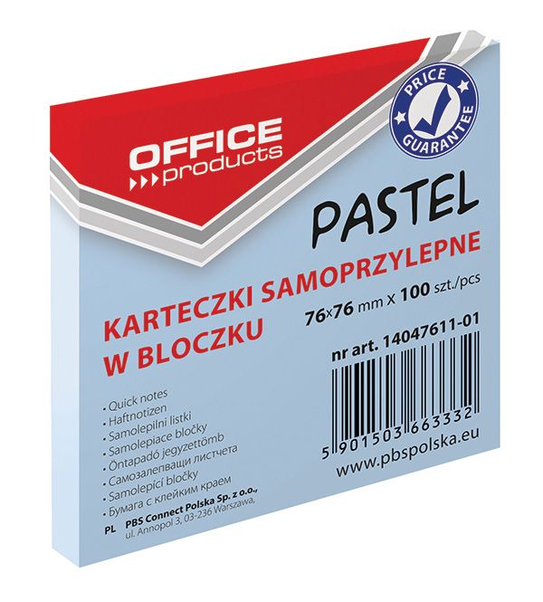 Bloczek Samoprzylepny 76x76 Niebieski Pastel /Office Products