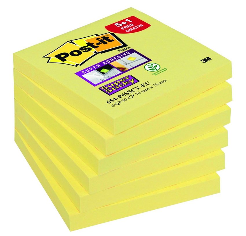 Bloczek Samoprzylepny Post-It Super Sticky (654-P6Sscy-Eu) 76X76Mm 5+1X90 Kart. Żółty 1 Bloczek Gratis