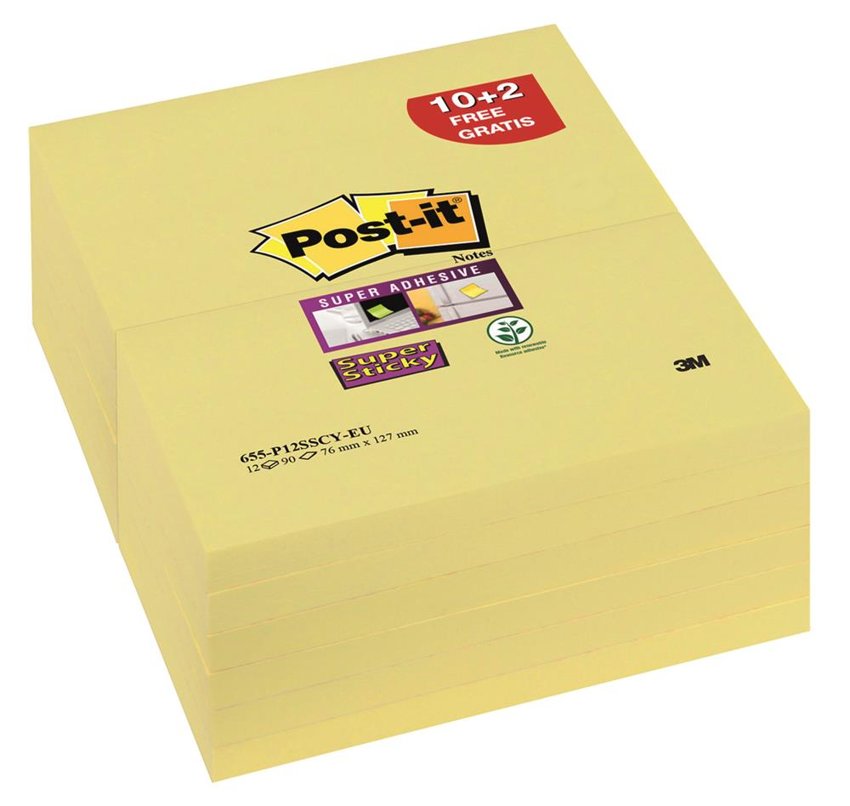 Bloczek Samoprzylepny Post-It Super Sticky (655-P12Sscy-Eu) 127X76Xmm 10+2X90 Kart. Żółty 2 Bloczki Gratis