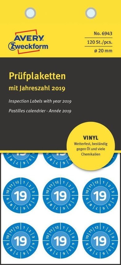 Etykiety Inspekcyjne 2019 Vinylowe Avery Śr.20 8/A4 A'15 Niebieskie No.6943