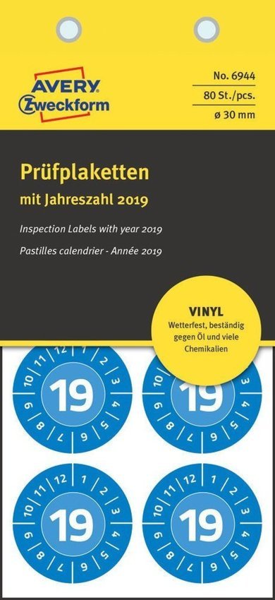 Etykiety Inspekcyjne 2019 Vinylowe Avery Śr.30 10/A4 A'8 Niebieskie No.6944