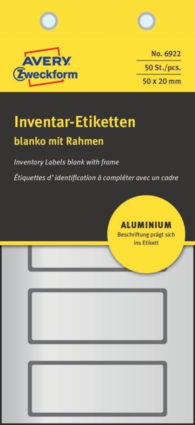 Etykiety Inwentaryzacyjne Puste Aluminiowe Avery 50x20 10/A4 A'5 Srebrno-Czarne No.6922