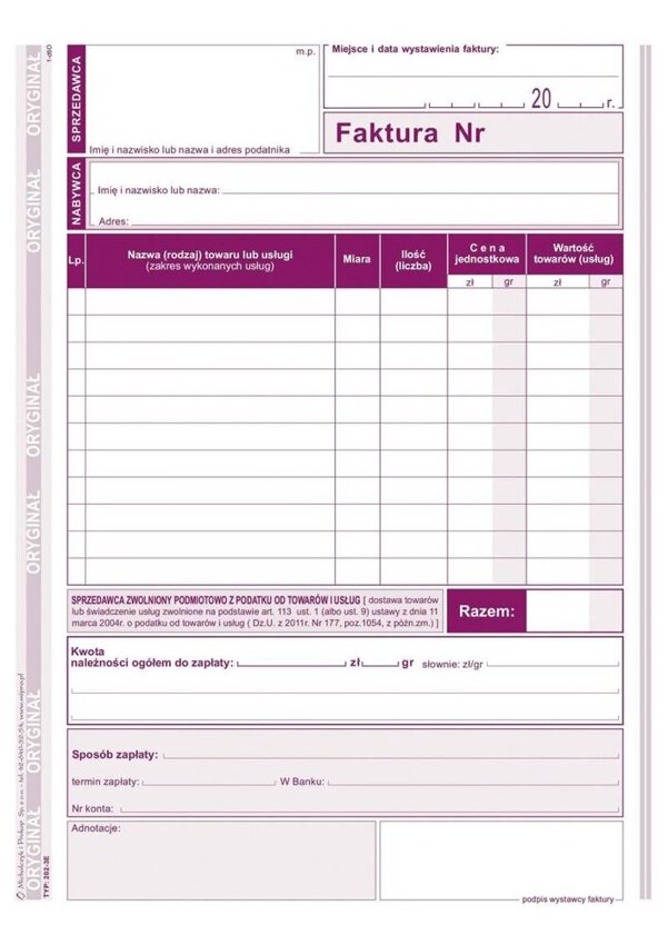 Faktura dla Zwolnionych z VAT A5 Oryg.+1k Pion 202-3E /MiP