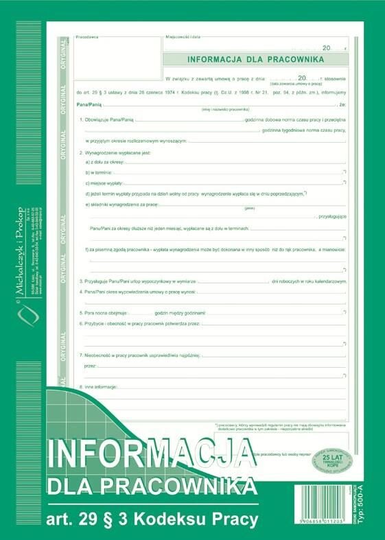 Informacja dla Pracownika A4 Oryg.+1k Pion 500-A /MiP