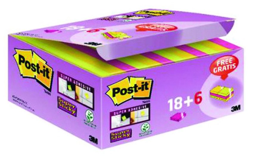 Karteczki Samoprzylepne Post-It Super Sticky (622-P24Sscol) 476X476Mm 18+6X90 Kart. Mix Kolorów Gratis