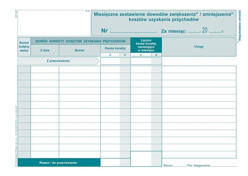 Miesięczne Zestawienie Dowodów Korekt Kosztów Uzysk. Przych. A5 Offset K26 /MiP