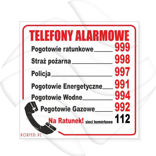 Naklejka "Telefony Alarmowe" 150x150mm /Korfed