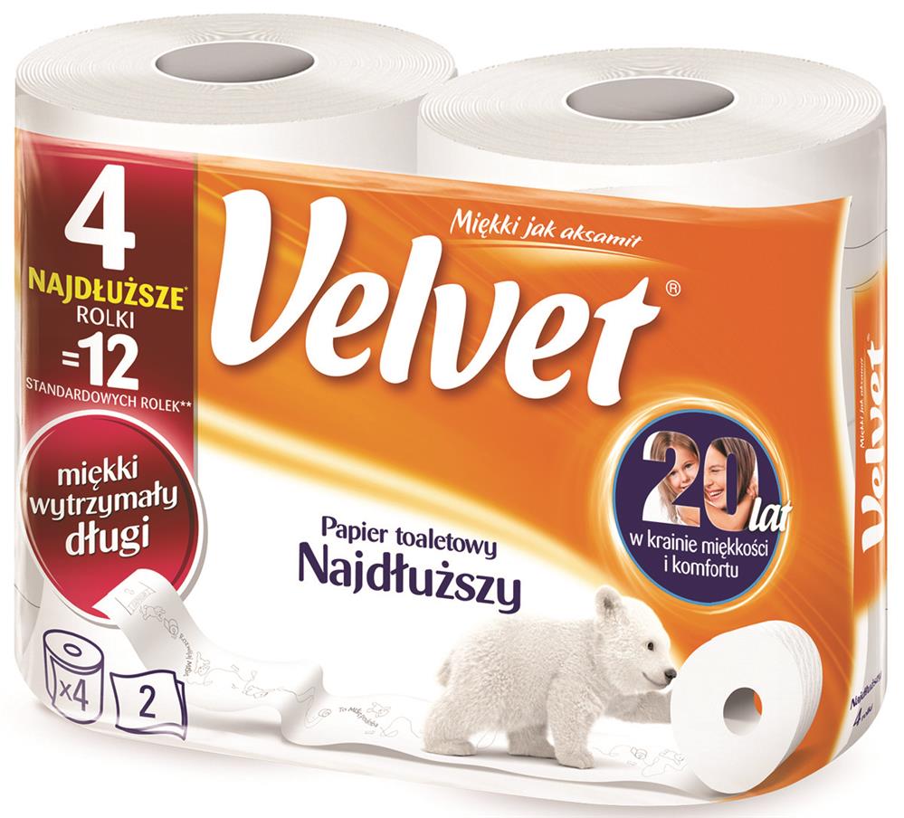 Papier Toaletowy Celulozowy Velvet Najdłuższy 2-Warstwowy 486 Listków 4Szt. Biały
