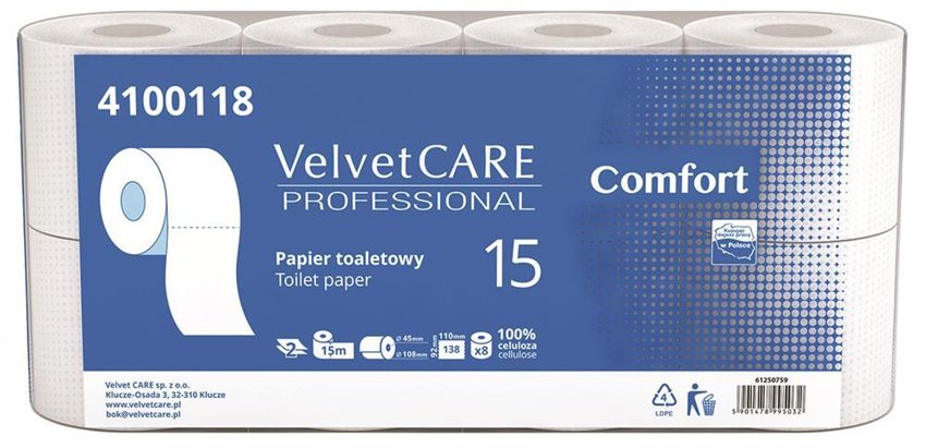 Papier Toaletowy Celulozowy Velvet Professional 2-Warstwowy 138 Listków 15M 8Szt. Biały