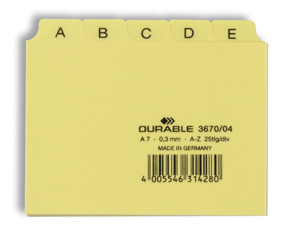 Przekładki do Kartotek A-Z 5/5 PCW 0,3mm Indeksy 20mm Poziome A7 25cz. Żółte /Durable 367004