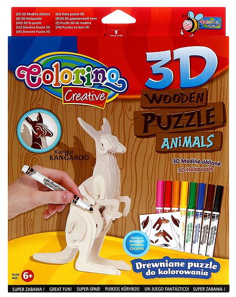 Puzzle Drewniane 3D Do Malowania Kangur + Akcesoria /Colorino