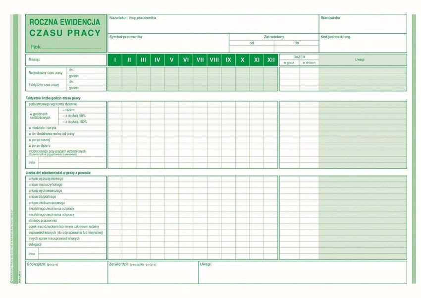 Roczna Ewidencja Czasu Pracy A4 Offset 527-1 /MiP