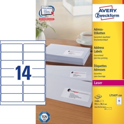 Samoprzylepne etykiety adresowe recyklingowane Avery 99.1x38.1 14/A4 A'250 białe No.L7163-250