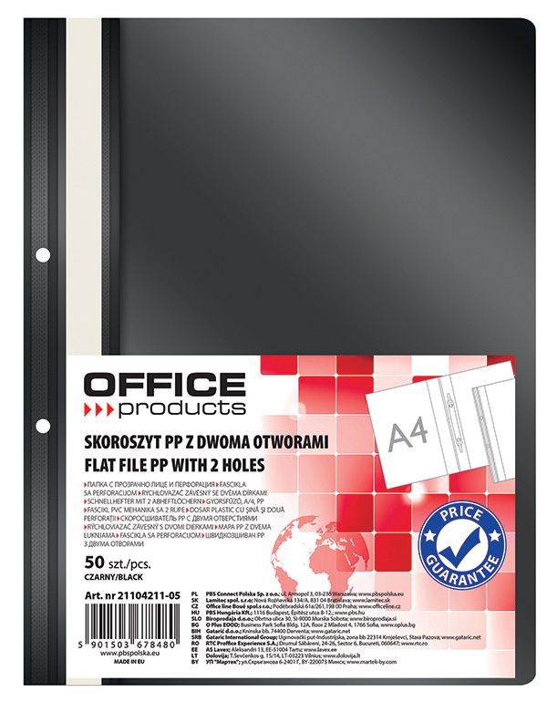 Skoroszyt Office Products PP A4 2 Otwory 100/170 mikr. Wpinany Czarny