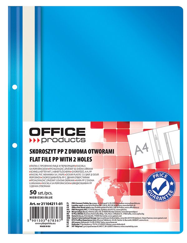 Skoroszyt Office Products PP A4 2 Otwory 100/170 mikr. Wpinany Niebieski