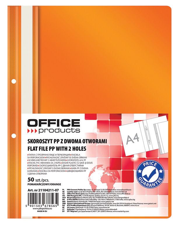 Skoroszyt Office Products PP A4 2 Otwory 100/170 mikr. Wpinany Pomarańczowy
