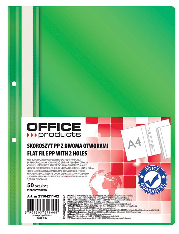 Skoroszyt Office Products PP A4 2 Otwory 100/170 mikr. Wpinany Zielony