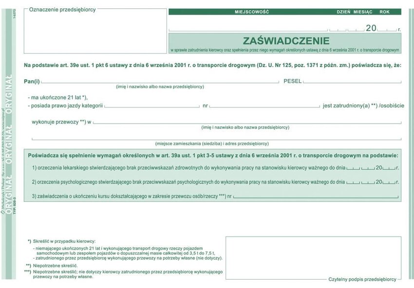 Zaświadczenie Zatrudnienia Kierowcy A5 Oryg.+1k 820-3 /MiP