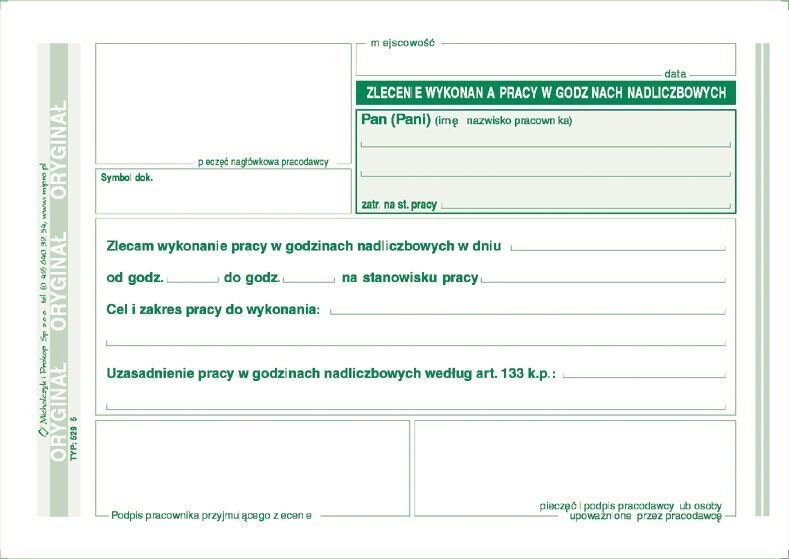 Zlecenie Wykonania Pracy w Godz. Nadliczb. A6 Oryg.+1k 529-5 /MiP